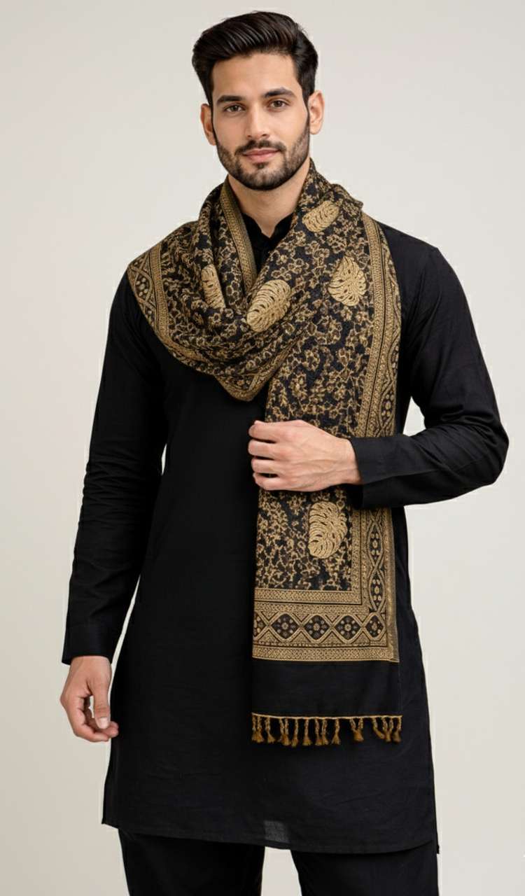 Noorfabric Poly Wool Printed Men Shawl Black - Image 7