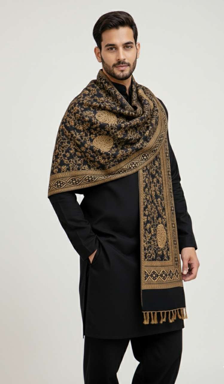 Noorfabric Poly Wool Printed Men Shawl Black - Image 9