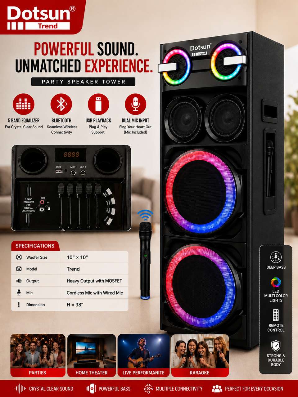 Dotsun Trend 10inch Double Woofer with Wireless Mic - Image 7