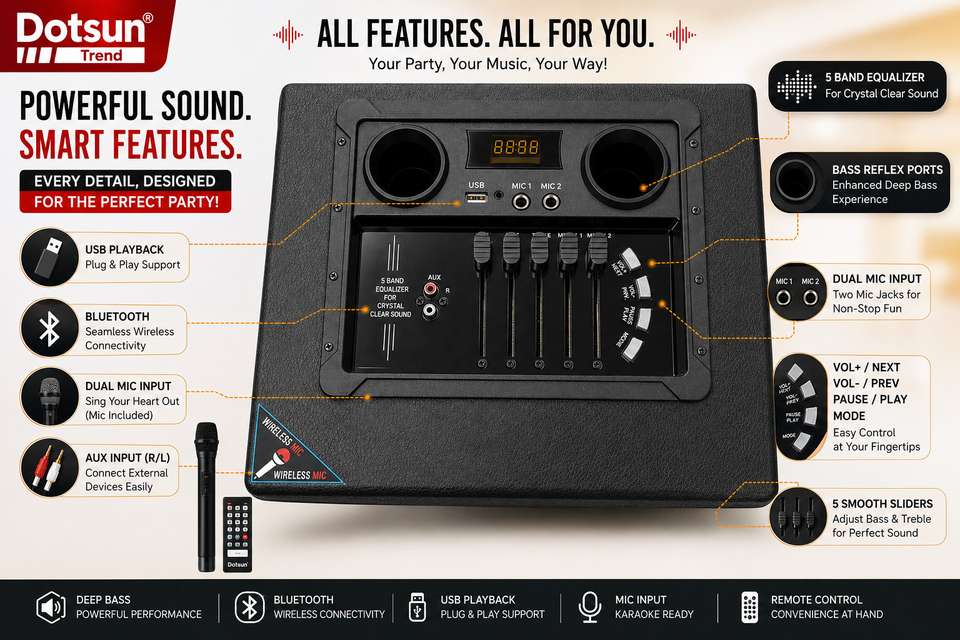 Dotsun Trend 10inch Double Woofer with Wireless Mic - Image 8