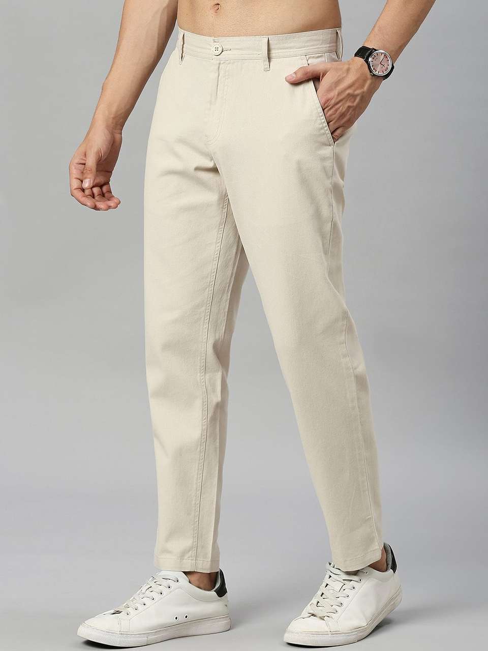 HERE&NOW Men Slim Fit Cream Trousers - Image 6