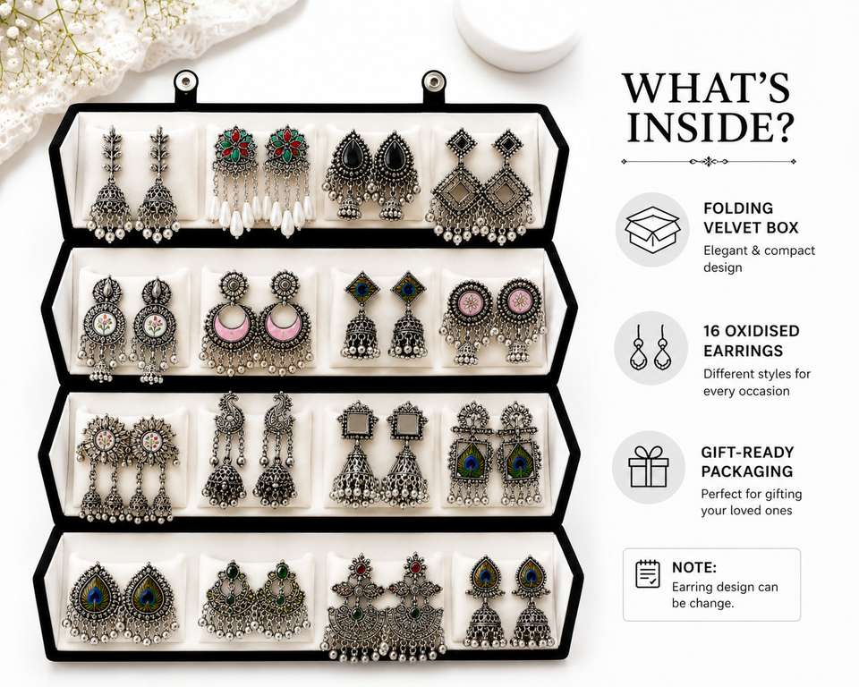 Aurav Oxidized Silver Jhumka Earrings Organizer Set 16 Pair - Image 8