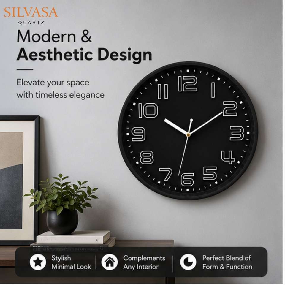 Silvasa 30cm Black Wall Clock - Image 7